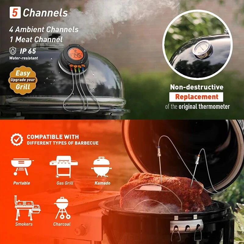 (image for) Smart Digital Bluetooth Food Cooking Waterproof IP54 Bluetooth Wireless BBQ Remote Thermometer Probes Barbecue Thermometer Free App Control Time Alarm