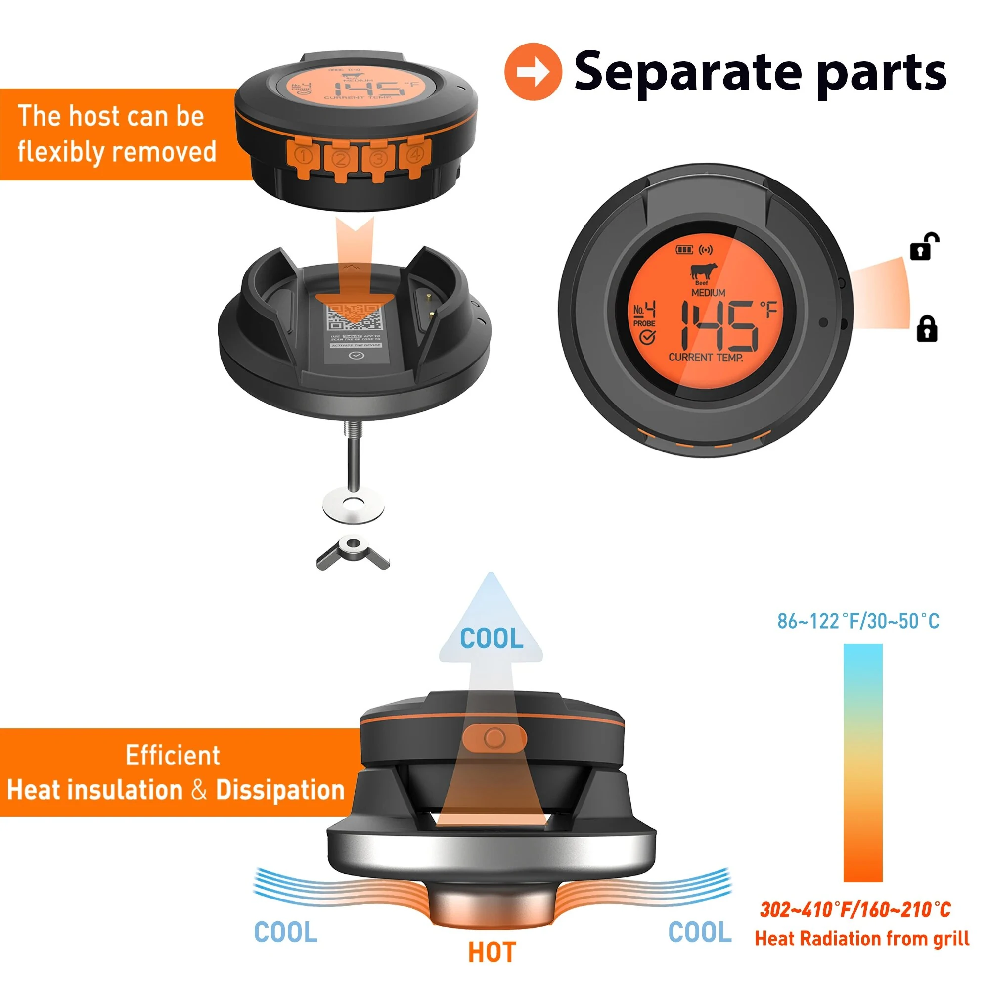 (image for) Smart Digital Bluetooth Food Cooking Waterproof IP54 Bluetooth Wireless BBQ Remote Thermometer Probes Barbecue Thermometer Free App Control Time Alarm